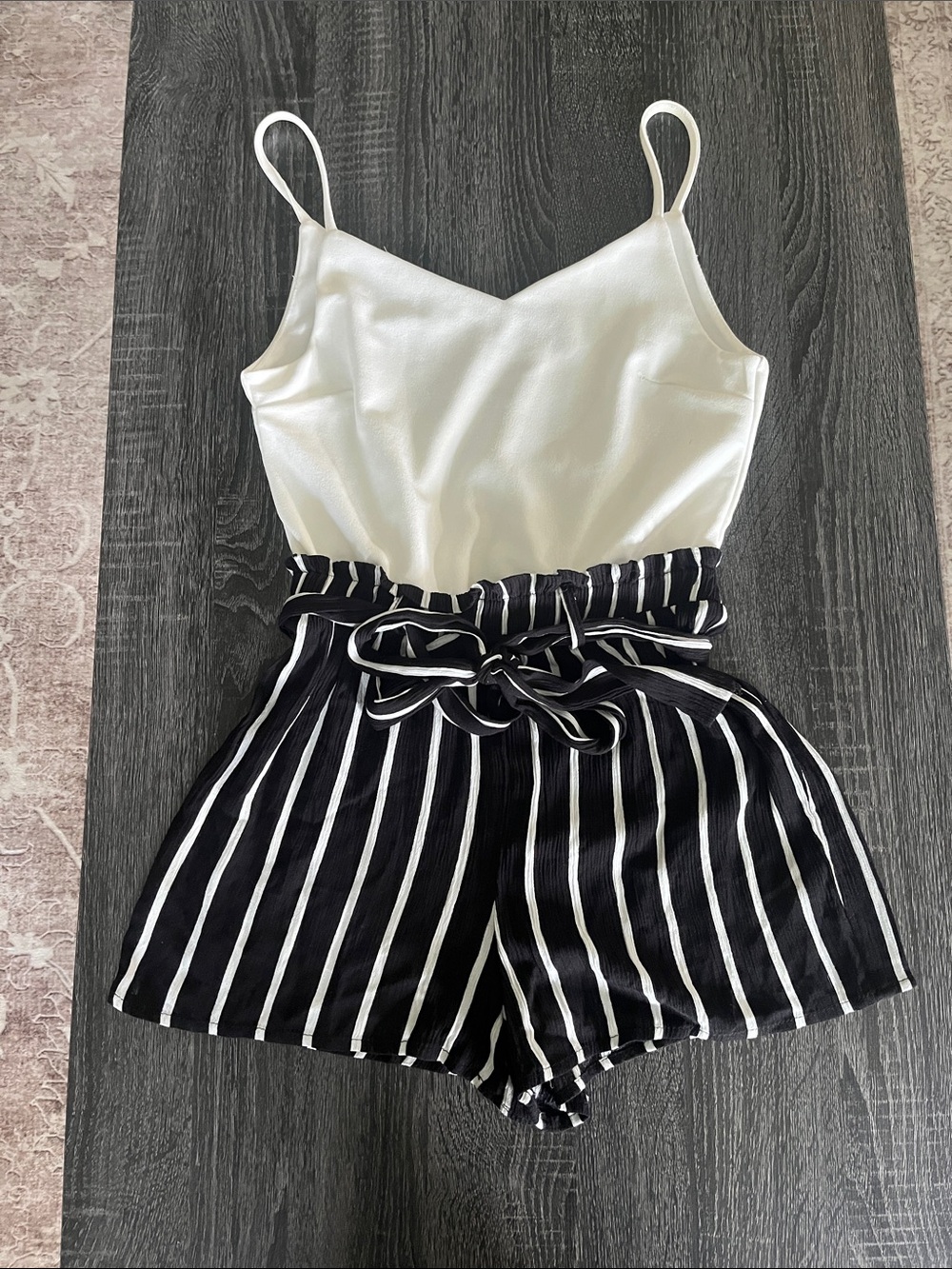 Blue Rain White & Black Striped Paperbag Waist Romper